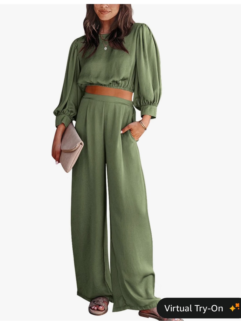 Two piece sage green satin set like new